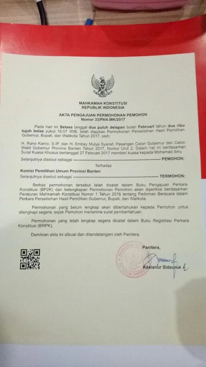 Dugaan Banyak Kecurangan, Rano-Embay Resmi Daftarkan Gugatan ke MK