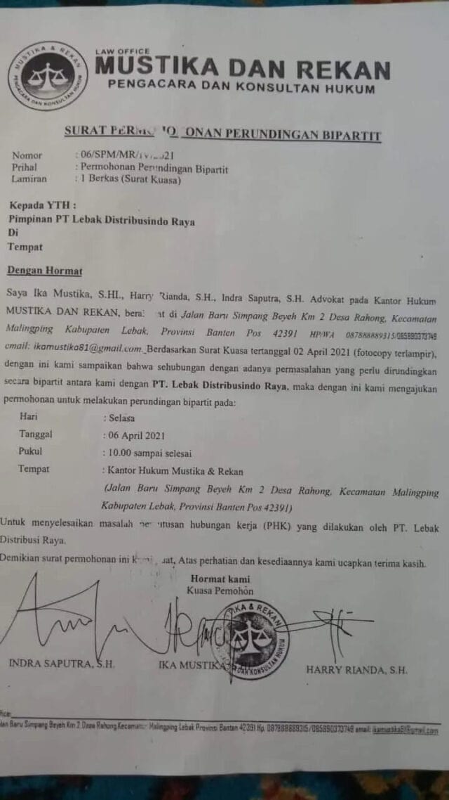 Law office Mustika dan Rekan lakukan permohonan perundingan bipartit kepada PT. LDR.