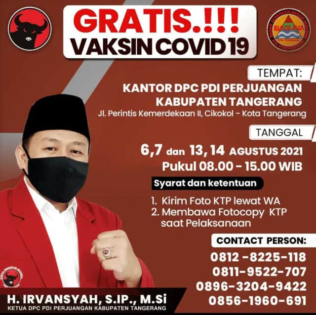 DPC PDI Perjuangan Kabupaten Tangerang Gelar Vaksinasi Gratis, Ayo Ikutan