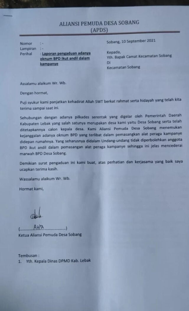 Aliansi Pemuda Sobang Surati Camat Sobang, Kabupaten Lebak.