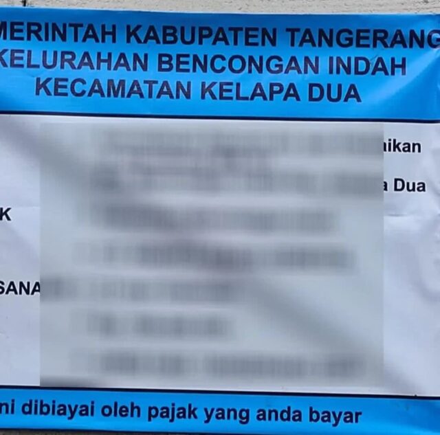 Proyek normalisasi saluran air dan dan perbaikan Jln kecubung rw 01 kelurahan bencongan indah kecamatan kelapa dua kabupaten tangerang, Foto. (Istimewa)