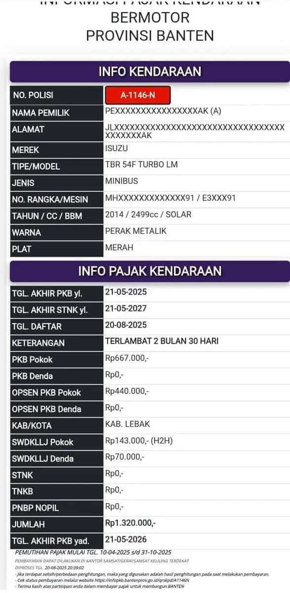 Data Mobil A 1146 N menunggak belum bayar pajak (sumber: PKB Pemerintah Provinsi Banten Tahun 2025).