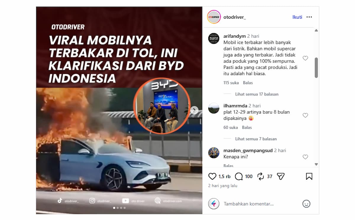 BYD Seal Terbakar di Tol Cikampek, Pabrikan Turun Tangan Lakukan Investigasi
